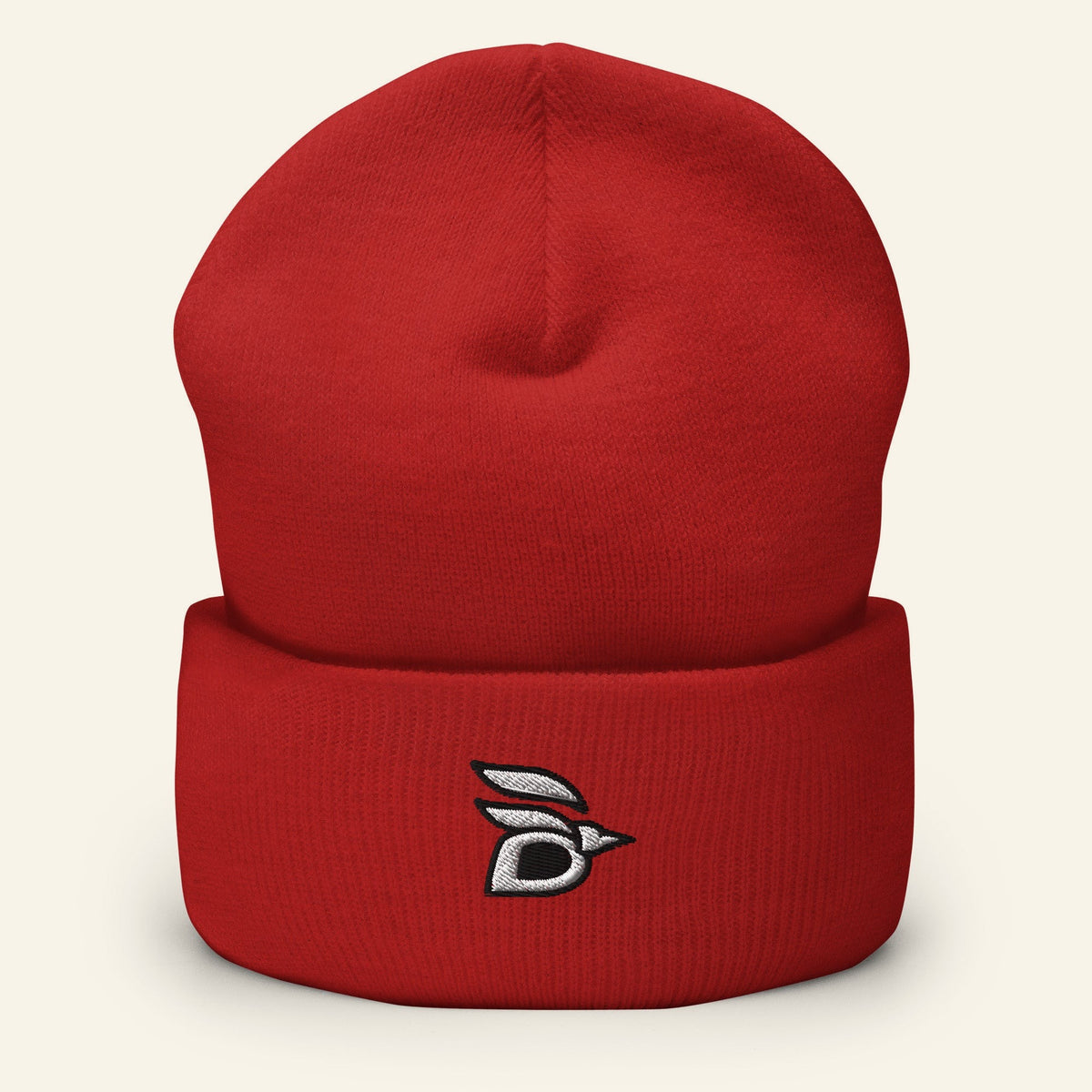 Birdline Logo Cuffed Beanie in Red, front view