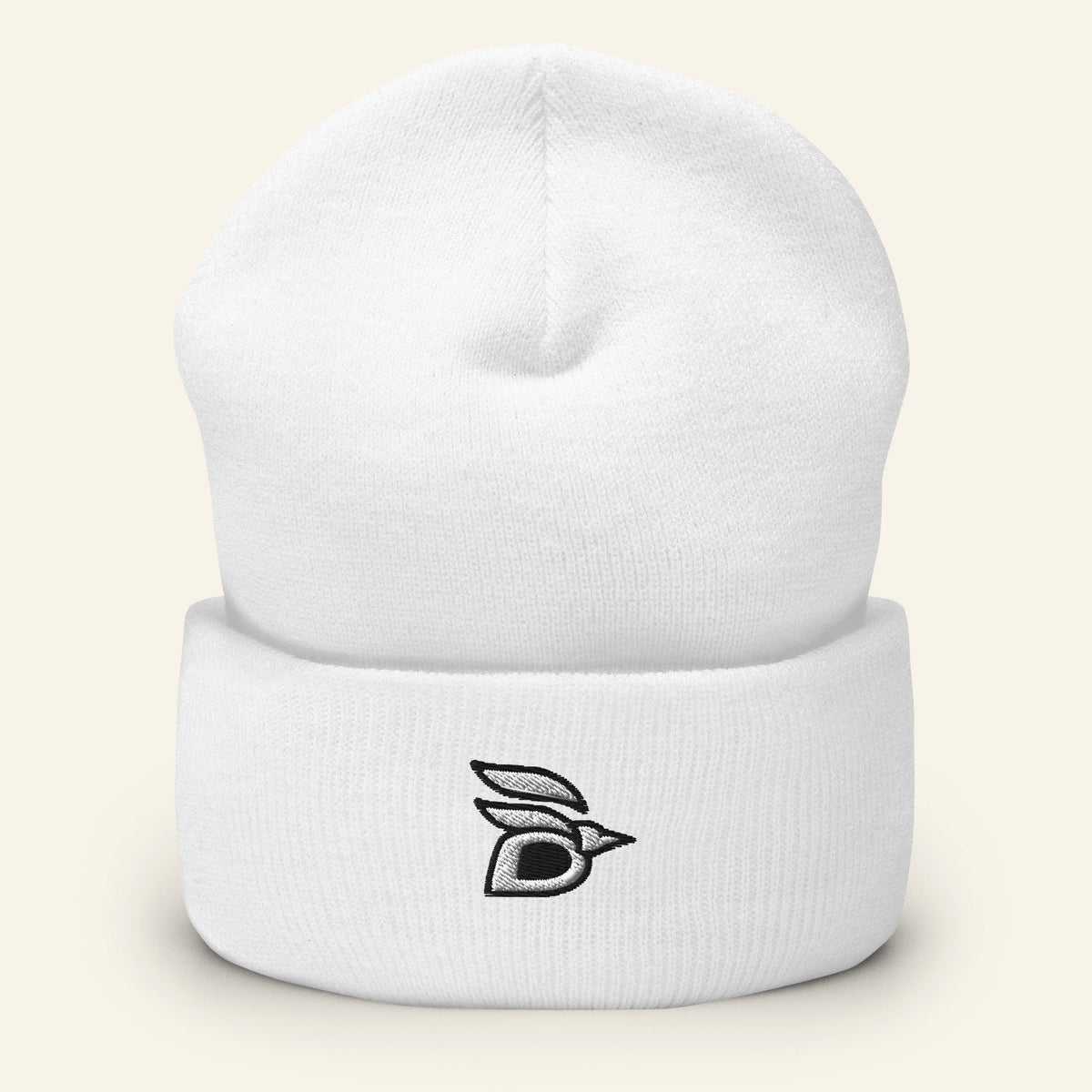 Birdline Logo Cuffed Beanie in White, front view