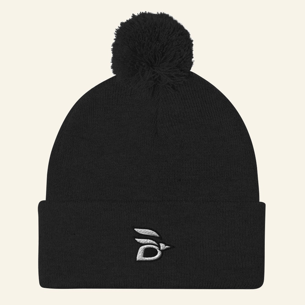 Birdline Logo Pom-Pom Beanie in Black, front view premium-quality garment detail