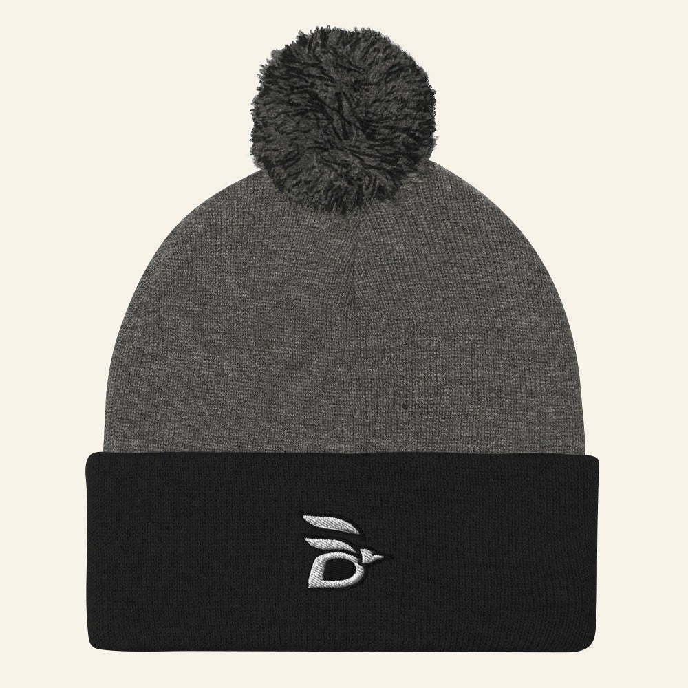Birdline Logo Pom-Pom Beanie in Dark Heather Grey/Black, front view