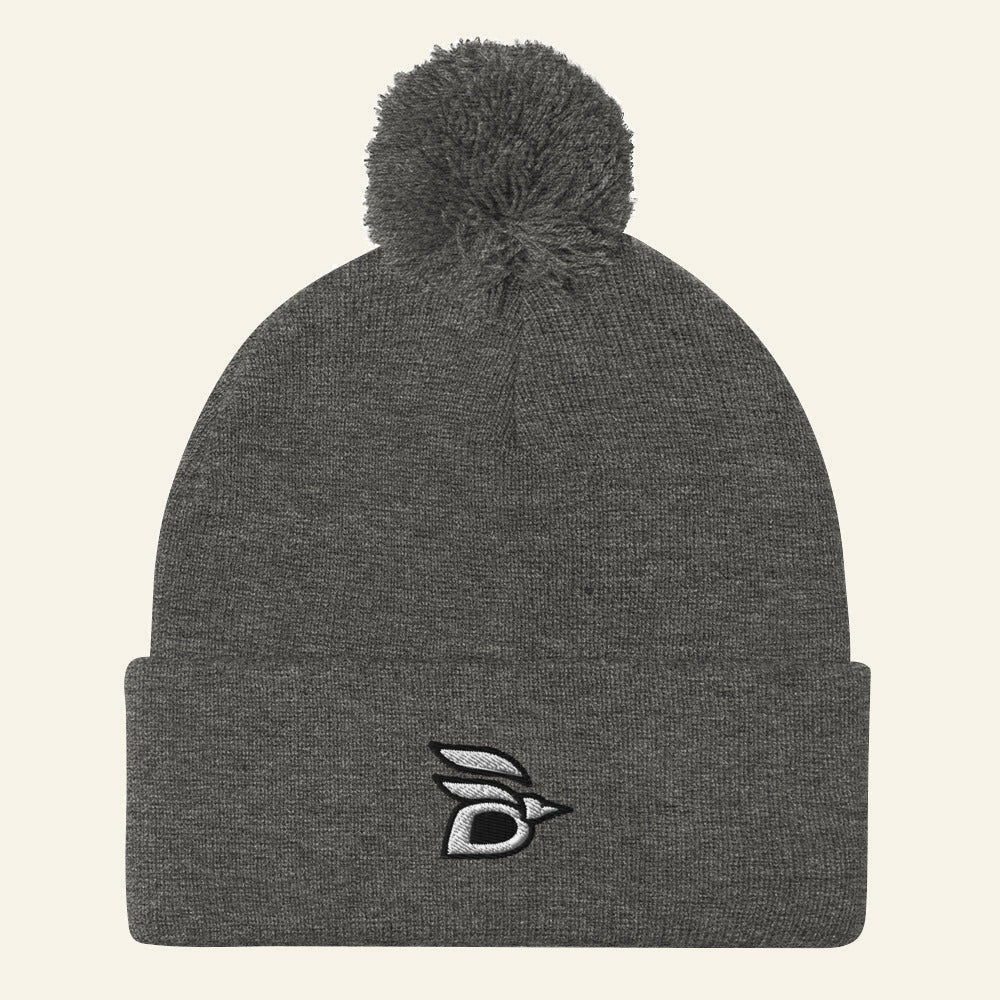 Birdline Logo Pom-Pom Beanie in Dark Heather Grey, front view