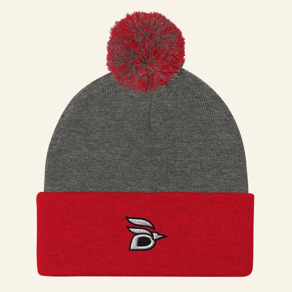 Birdline Logo Pom-Pom Beanie in Dark Heather Grey/Red, front view