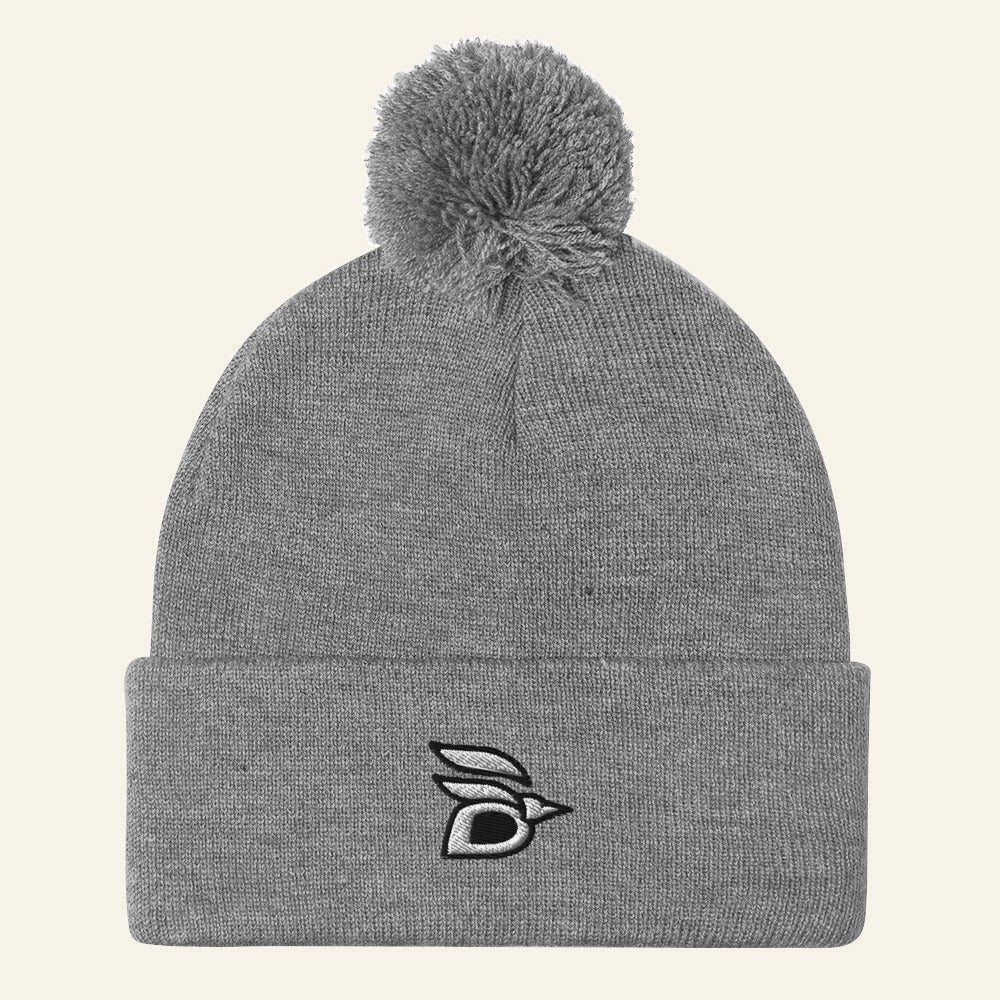 Birdline Logo Pom-Pom Beanie in Heather Grey, front view