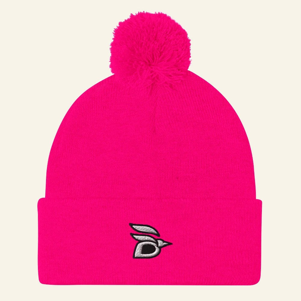 Birdline Logo Pom-Pom Beanie in Neon Pink, front view