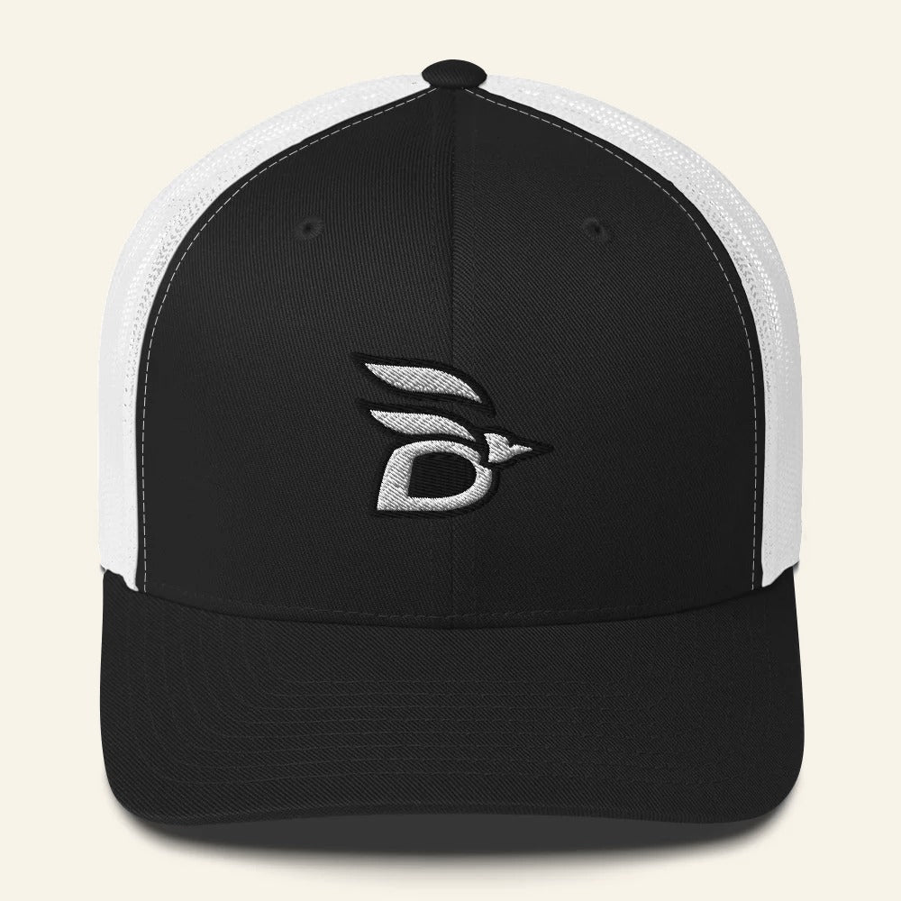 Birdline Logo Trucker Hat in Black/White, front view