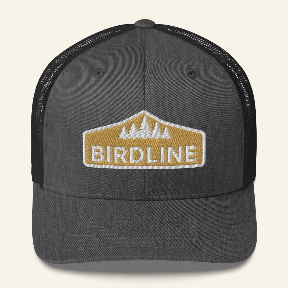 Birdline Golden Treeline Trucker Hat in Dark Heather Gray, front view