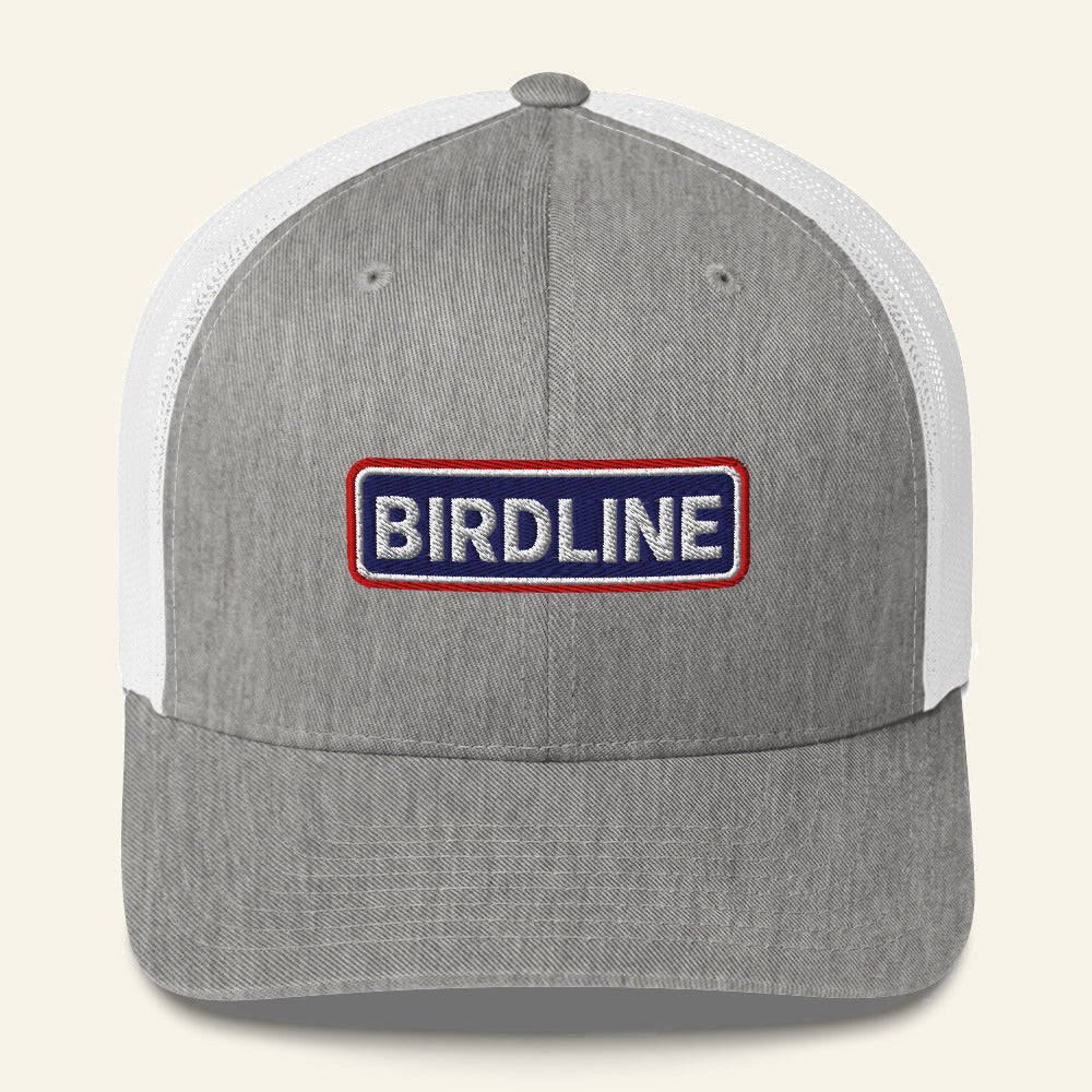Birdline Heritage Bar Trucker Hat in Heather Grey/White, front view