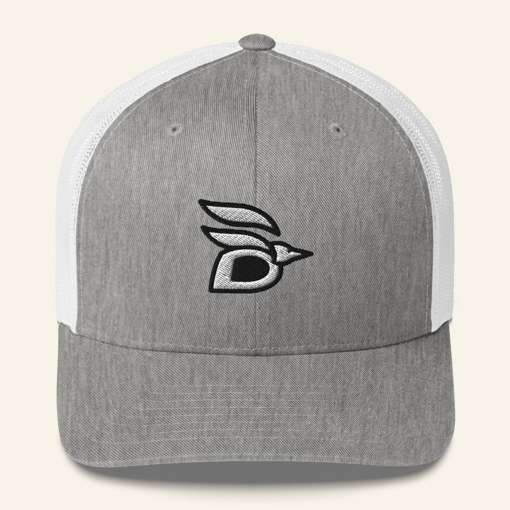 Birdline Logo Trucker Hat in Heather Grey/White, front view