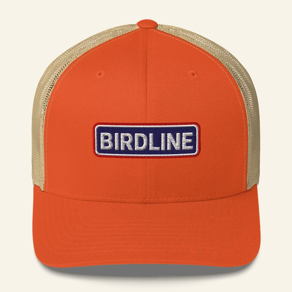 Birdline Heritage Bar Trucker Hat in Rustic Orange/Khaki, front view