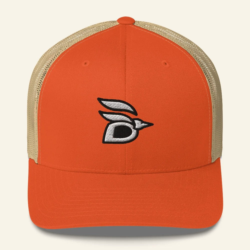 Birdline Logo Trucker Hat in Rustic Orange/Khaki, front view