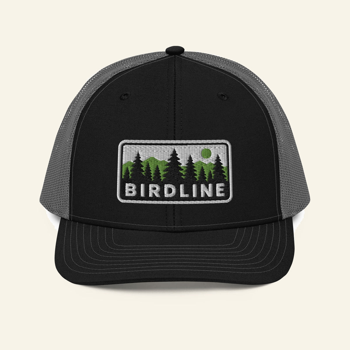 Birdline Pine Ridge Trucker Hat in Black/Charcoal, front view premium-quality garment detail