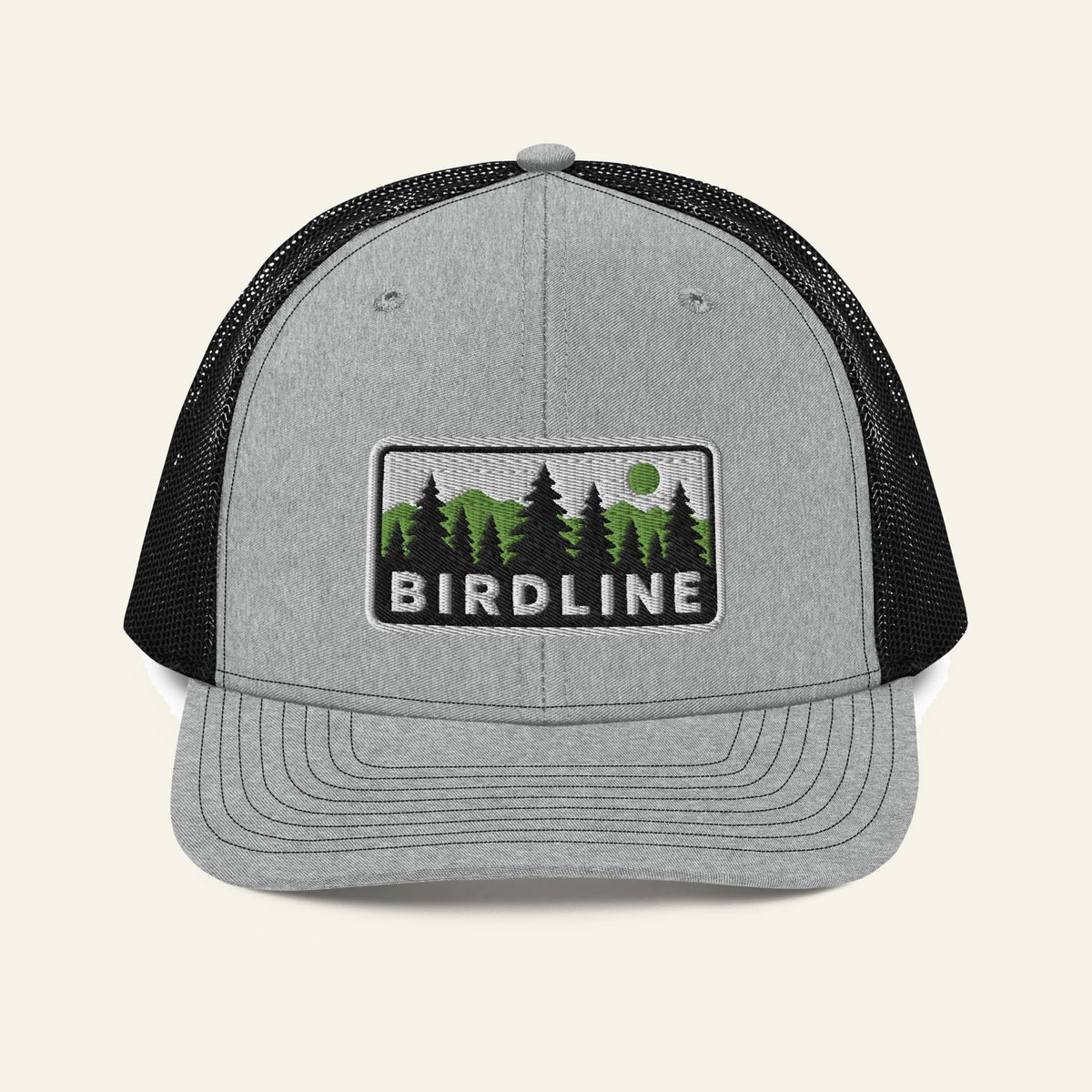 Birdline Pine Ridge Trucker Hat in Heather Grey/Black, front view