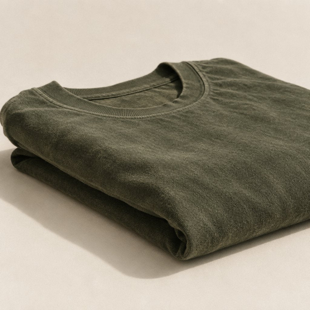 Folded heavyweight garment-dyed cotton tee showing a thick folded edge