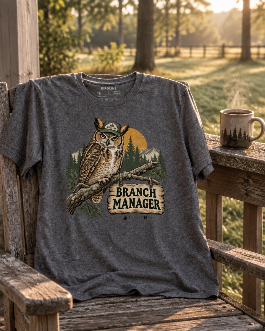 Branch Manager tee over a porch chair at sunrise with a mug of coffee