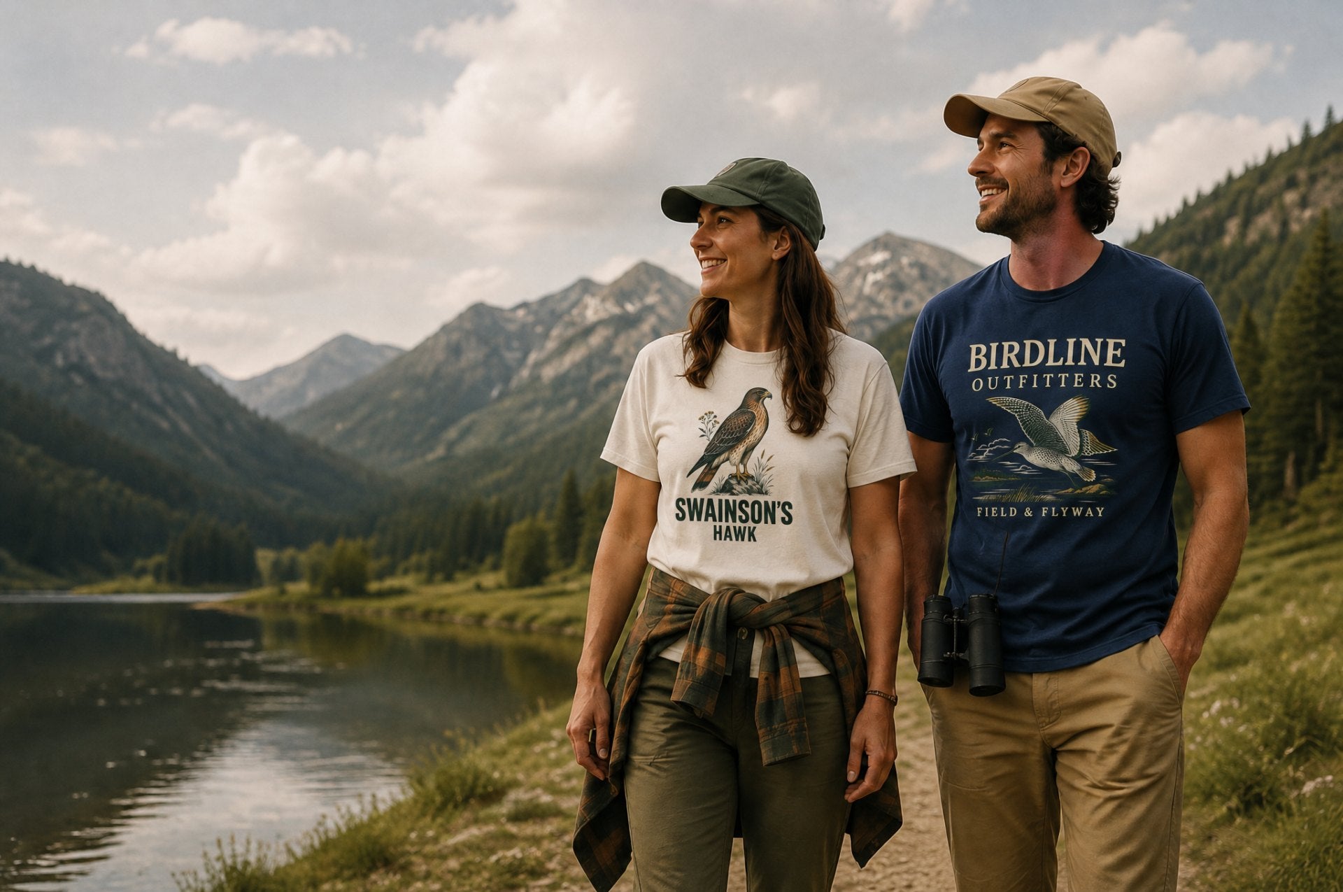 Two birders beside an alpine lake wearing the Swainson's Hawk tee in ivory and the Field & Flyway tee in true navy
