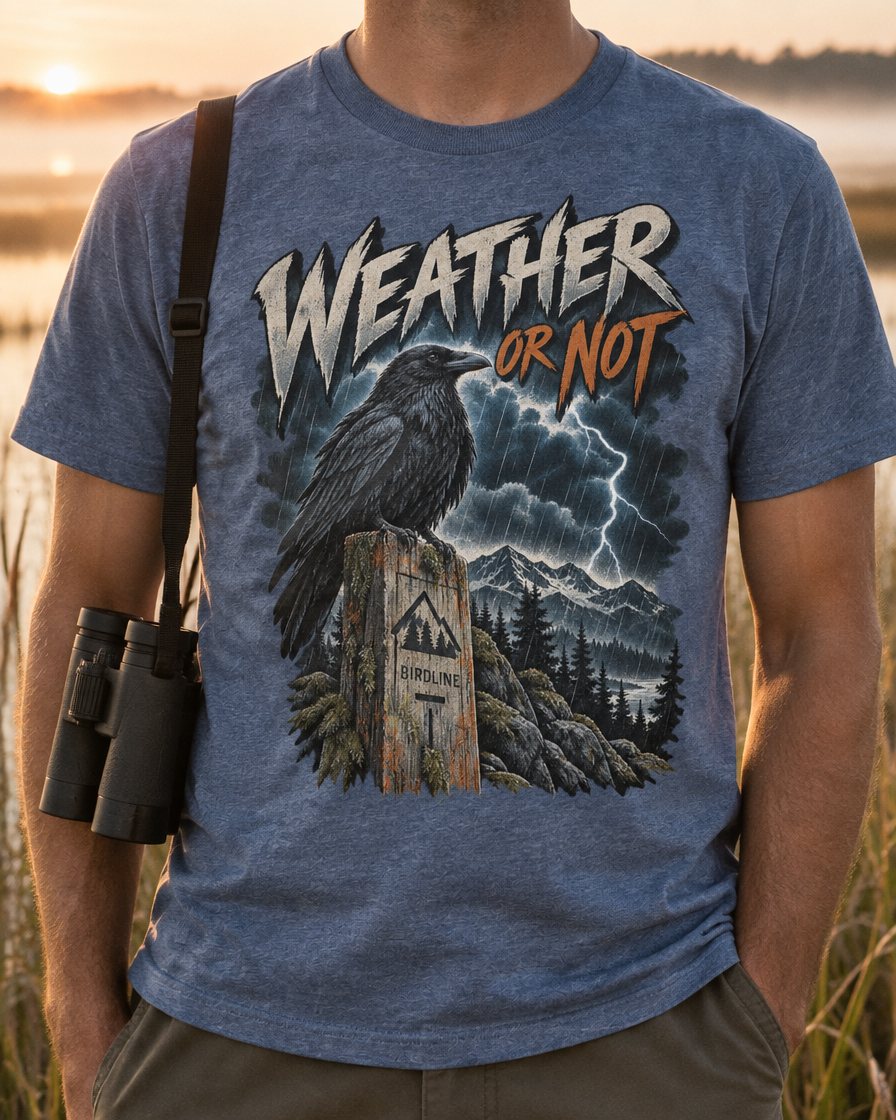 Weather Or Not tee worn at the edge of a marsh at sunrise
