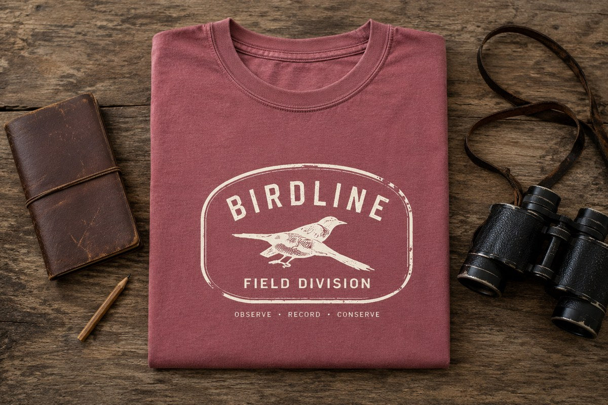 Birdline Field Division tee with binoculars and field notebook