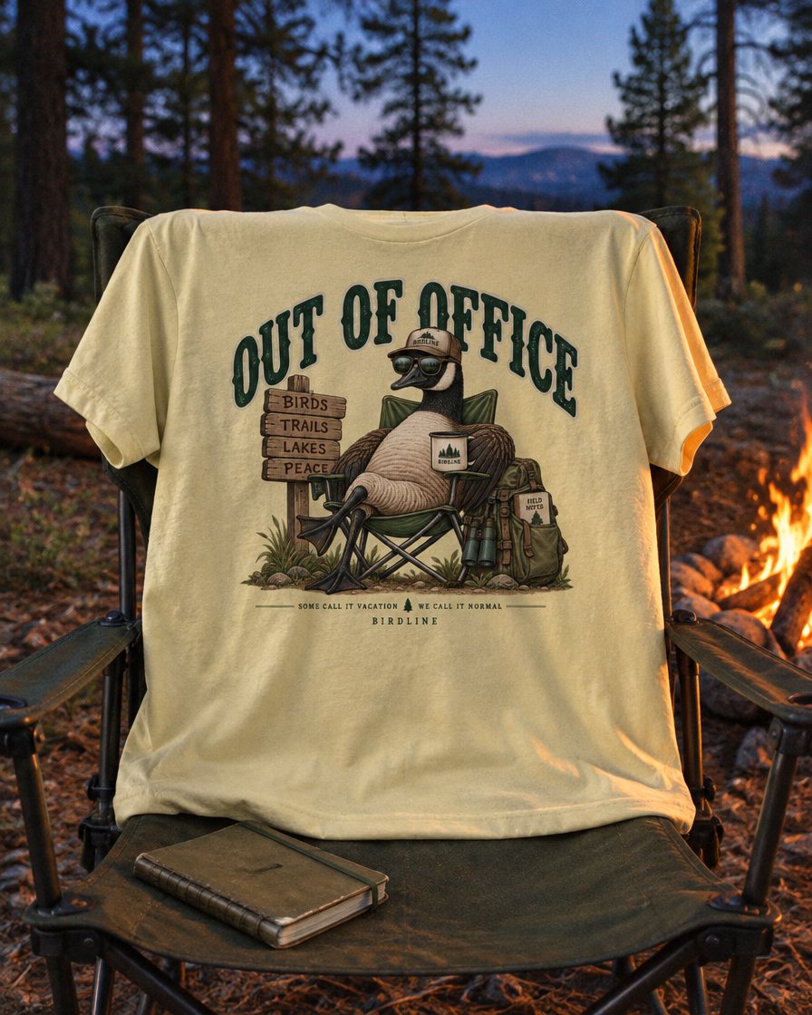 Out Of Office tee over a camp chair beside a low fire at dusk