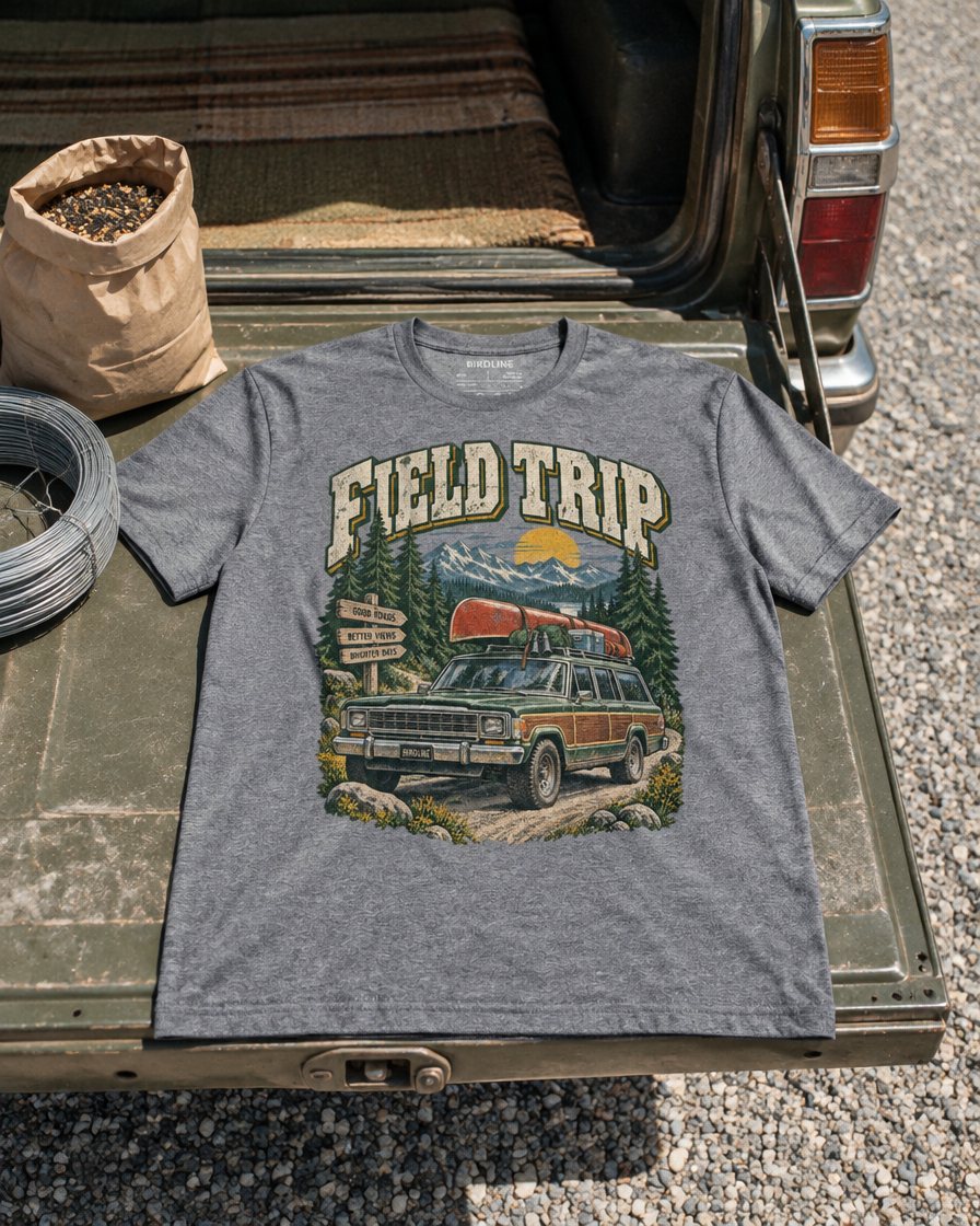 Field Trip tee laid across a tailgate beside a bag of birdseed at midday