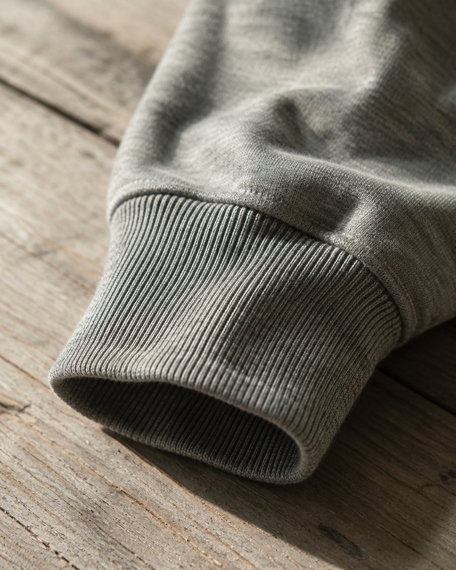 Close-up of the ribbed knit cuff on a grey long sleeve shirt