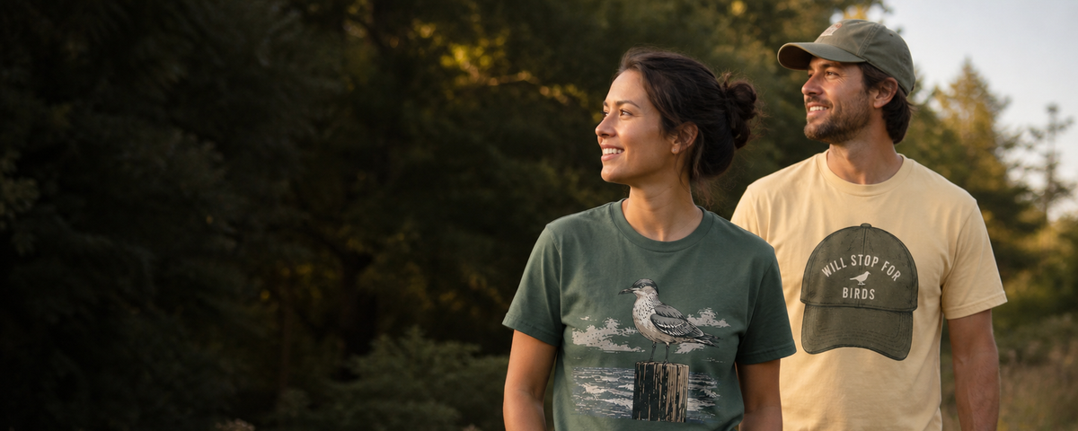 Birdline Outfitters tees worn by adult birders outdoors