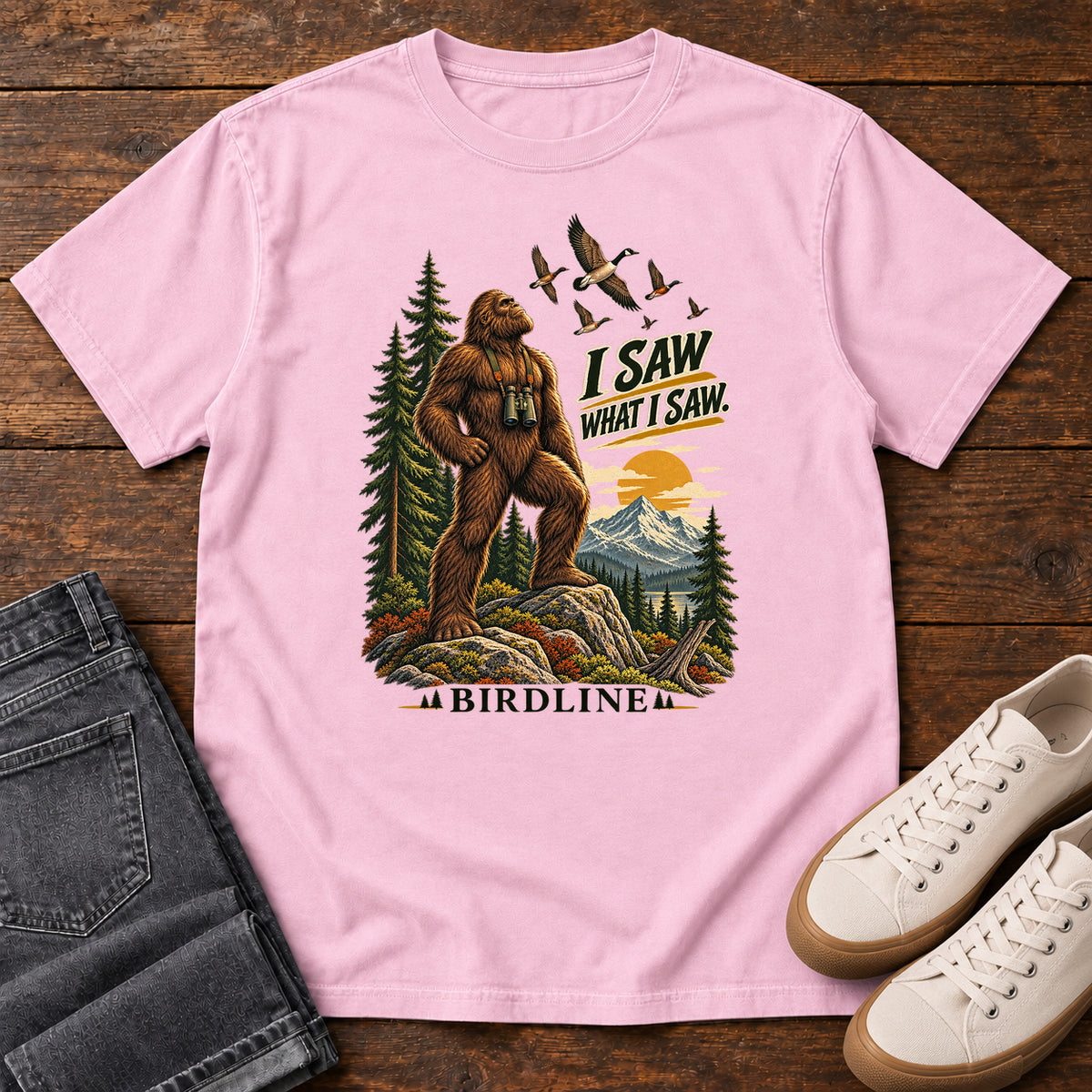 I Saw What I Saw Bigfoot T-Shirt in Blossom