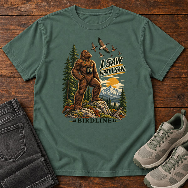 I Saw What I Saw Bigfoot T-Shirt in Blue Spruce, front view