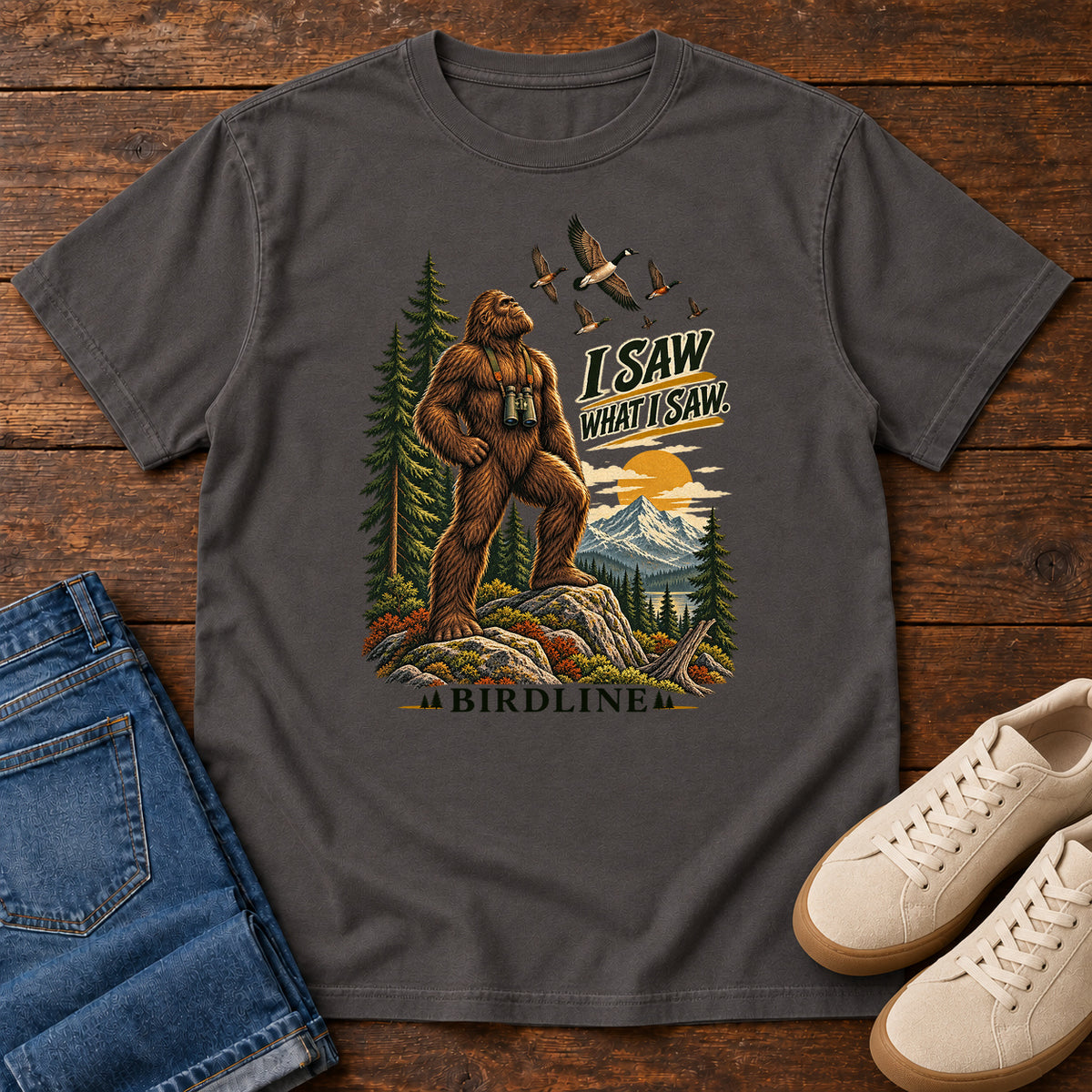 I Saw What I Saw Bigfoot T-Shirt in Graphite