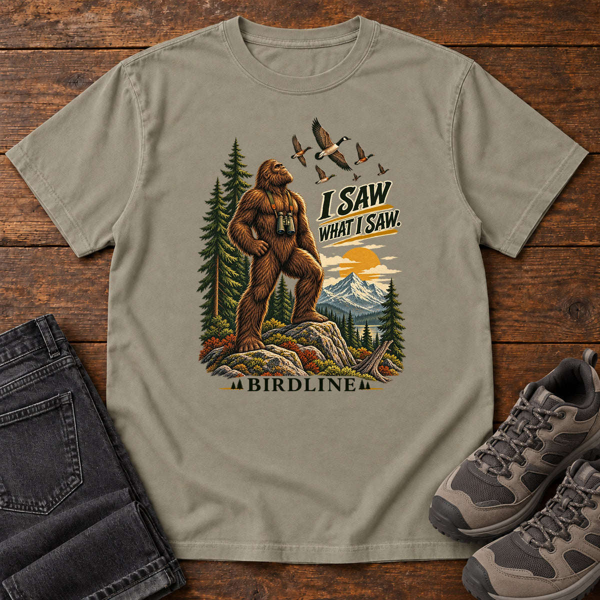 I Saw What I Saw Bigfoot T-Shirt in Sandstone