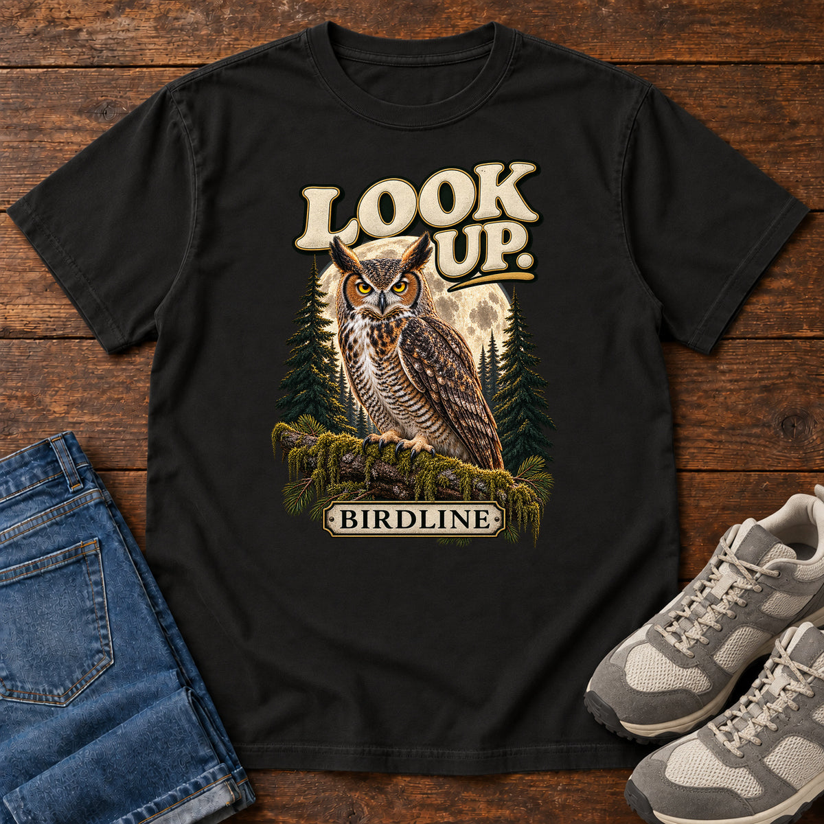 Look Up Owl T-Shirt in Black