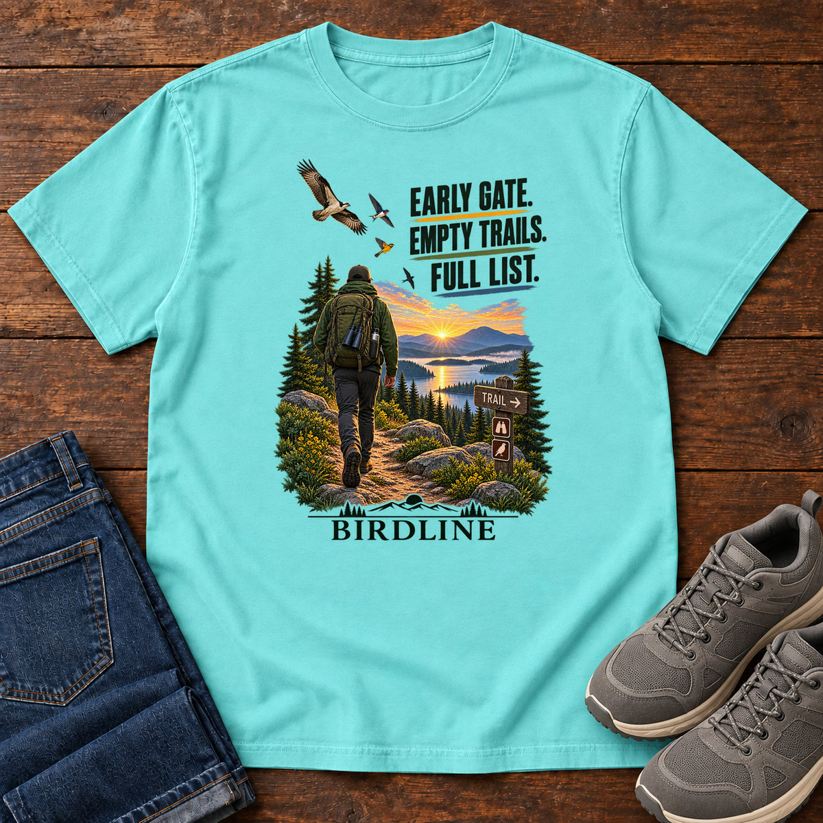 Early Gate Empty Trails Full List T-Shirt in Lagoon Blue
