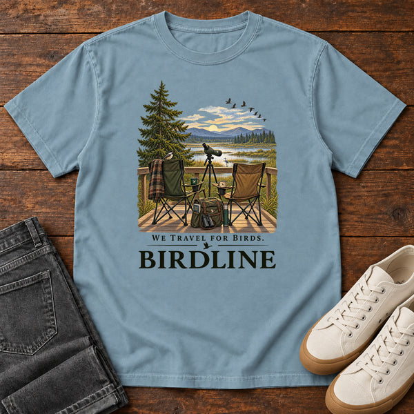 We Travel for Birds T-Shirt in Ice Blue, front view
