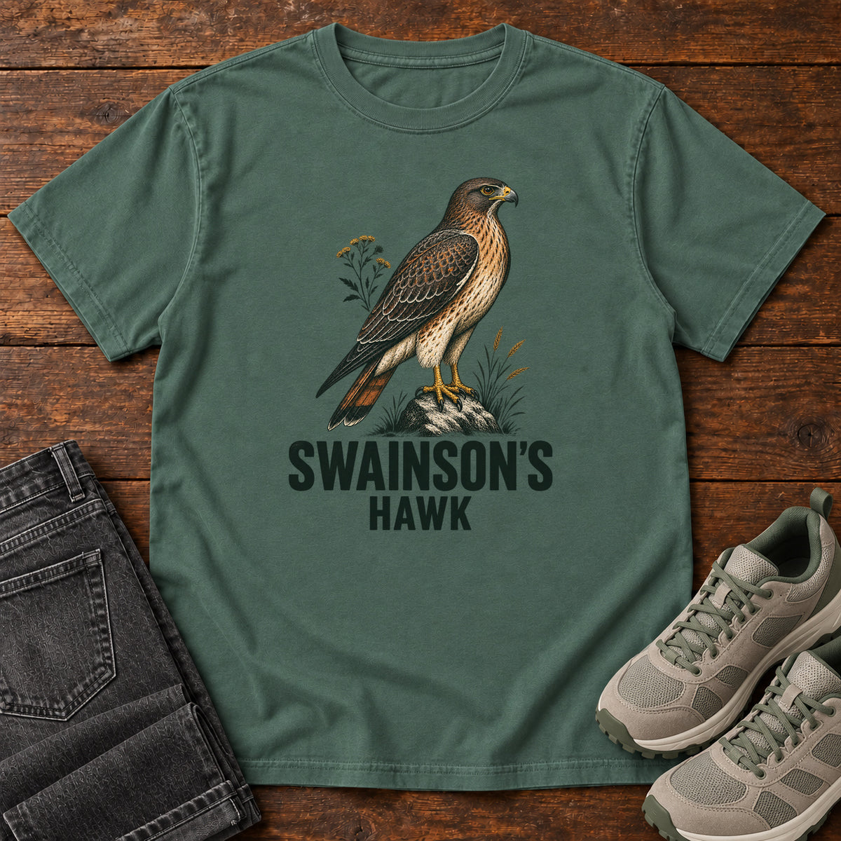 Swainson's Hawk T-Shirt in Blue Spruce, front laid flat on wood, featuring a brown hawk perched on a rock among small plants above dark lettering.