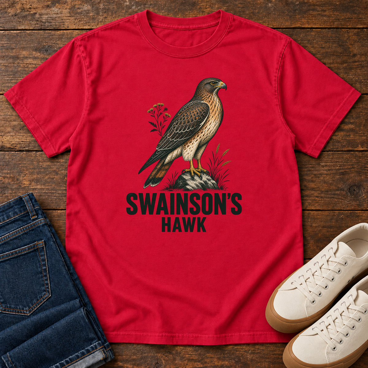 Swainson's Hawk T-Shirt in Red, front laid flat on wood, featuring a brown hawk perched on a rock among small plants above dark lettering.