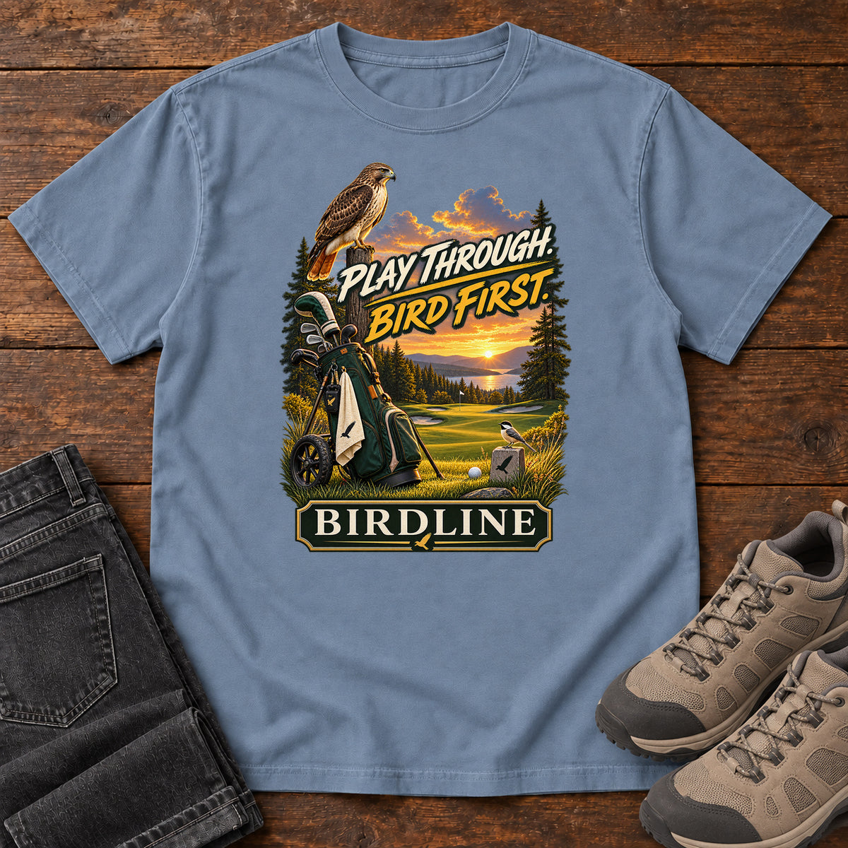 Play Through Bird First Golf T-Shirt in Blue Jean