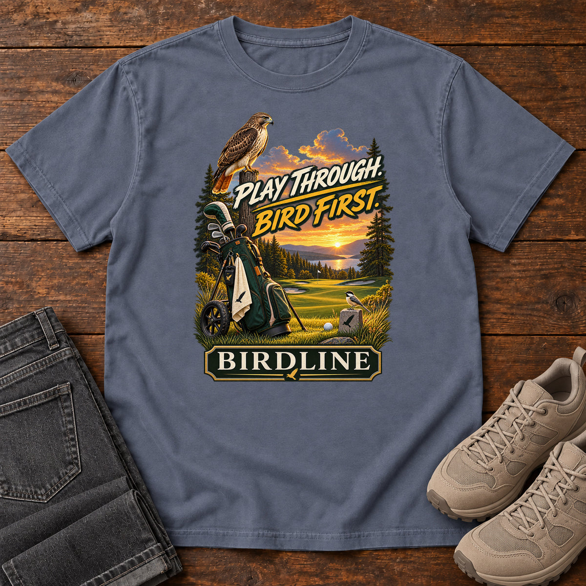 Play Through Bird First Golf T-Shirt in Denim