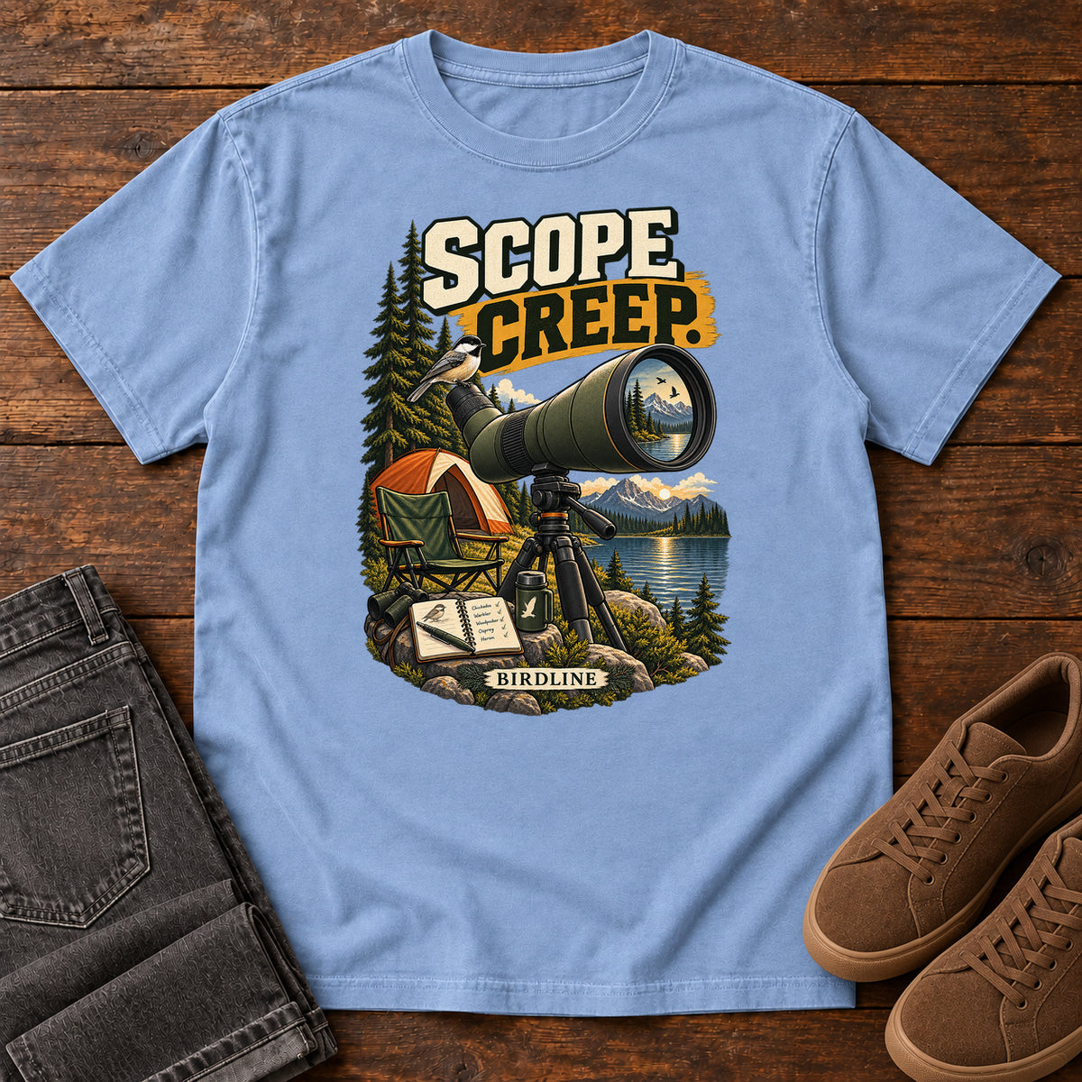 Scope Creep Spotting Scope T-Shirt in Washed Denim