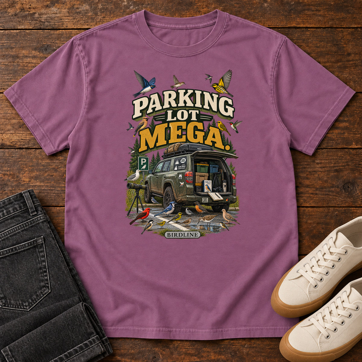Parking Lot Mega Birding Vehicle T-Shirt in Berry