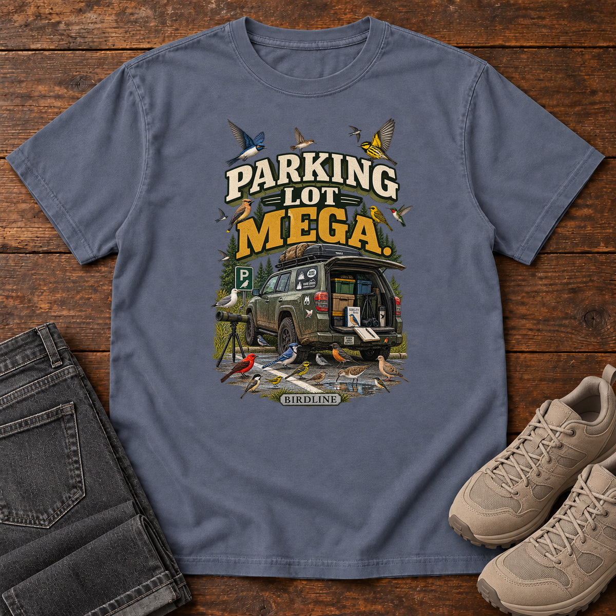 Parking Lot Mega Birding Vehicle T-Shirt in Denim