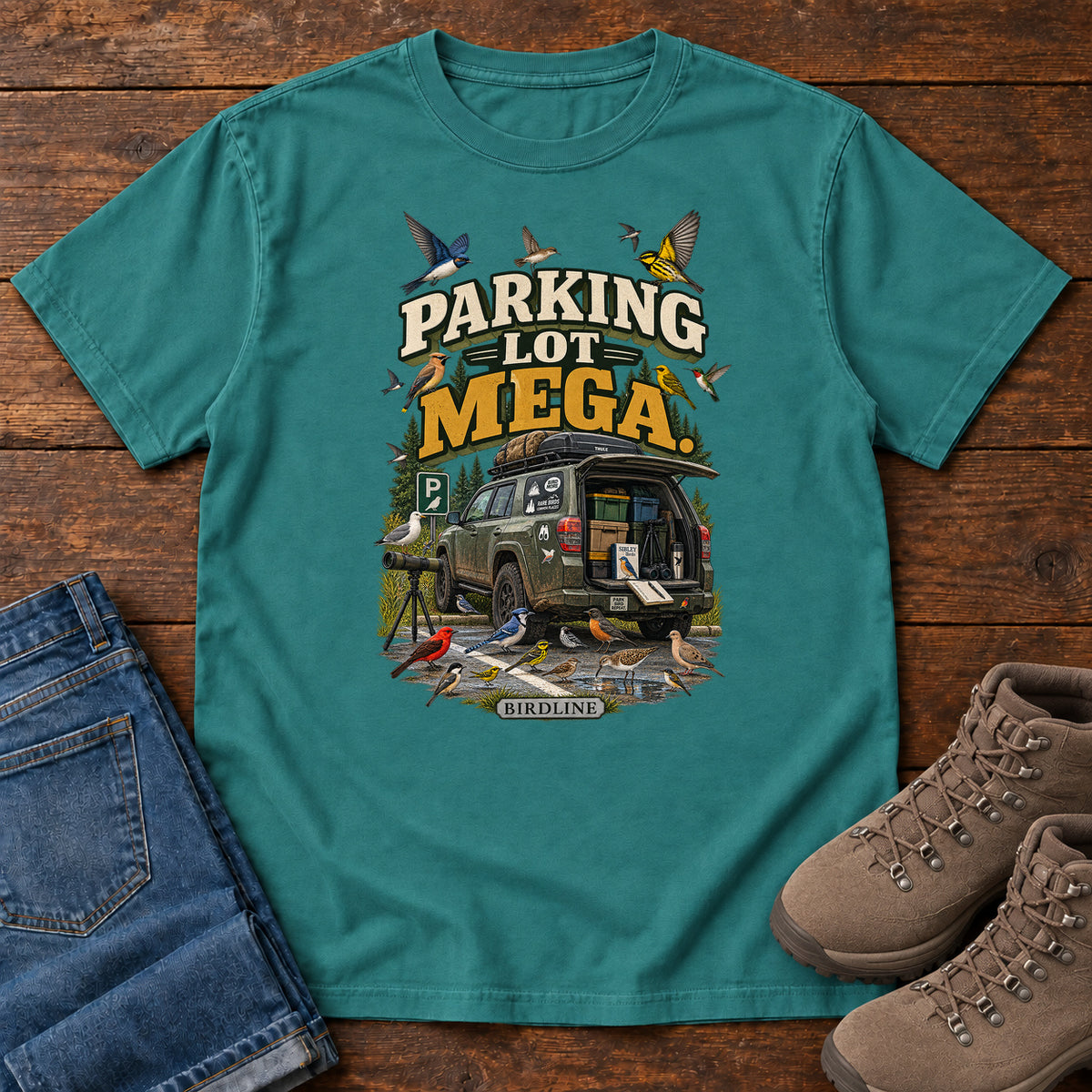 Parking Lot Mega Birding Vehicle T-Shirt in Emerald