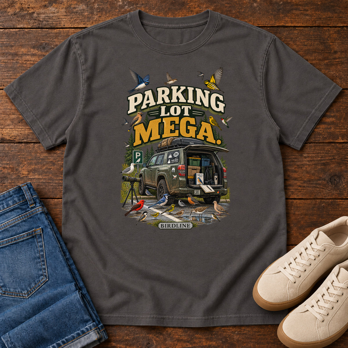 Parking Lot Mega Birding Vehicle T-Shirt in Graphite
