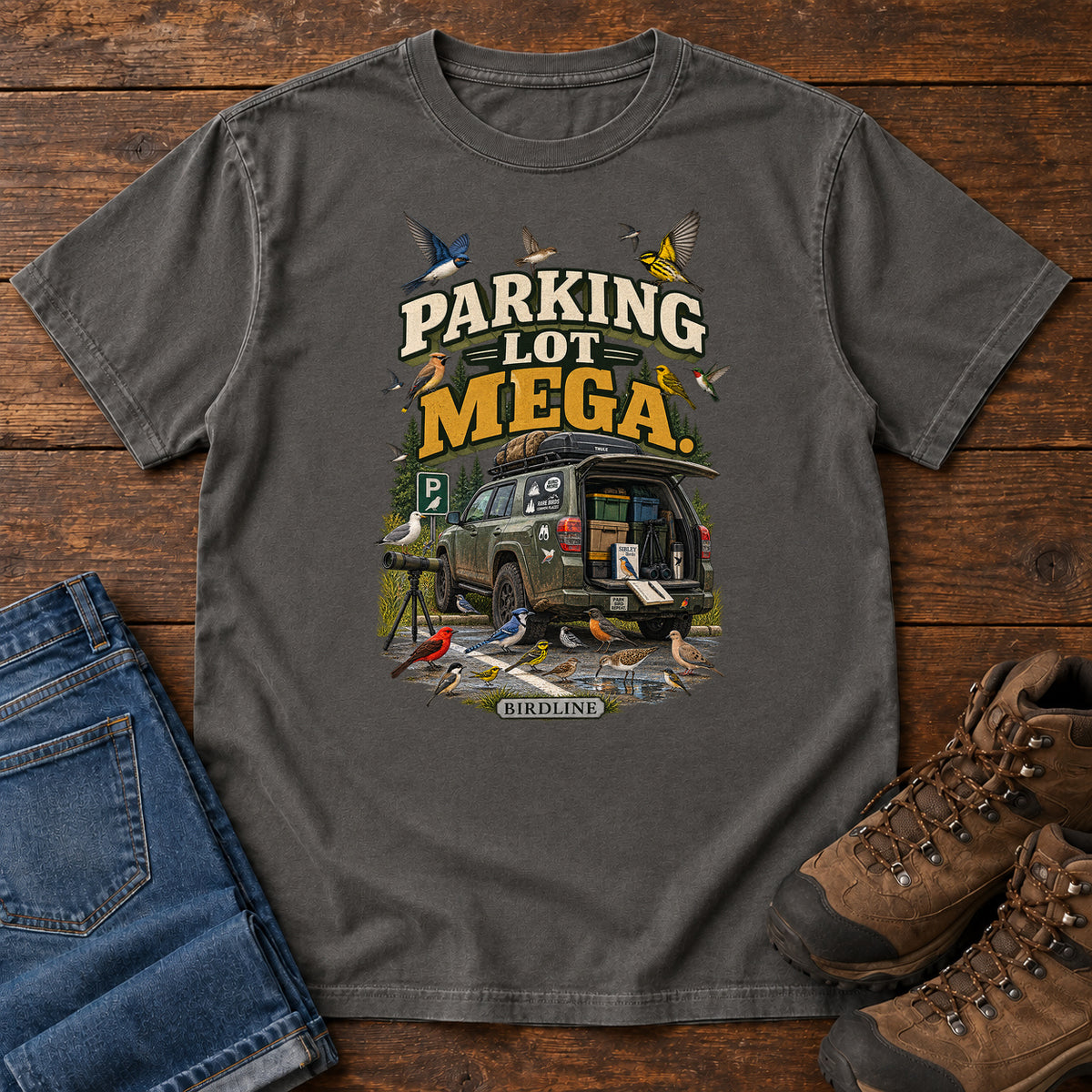 Parking Lot Mega Birding Vehicle T-Shirt in Pepper