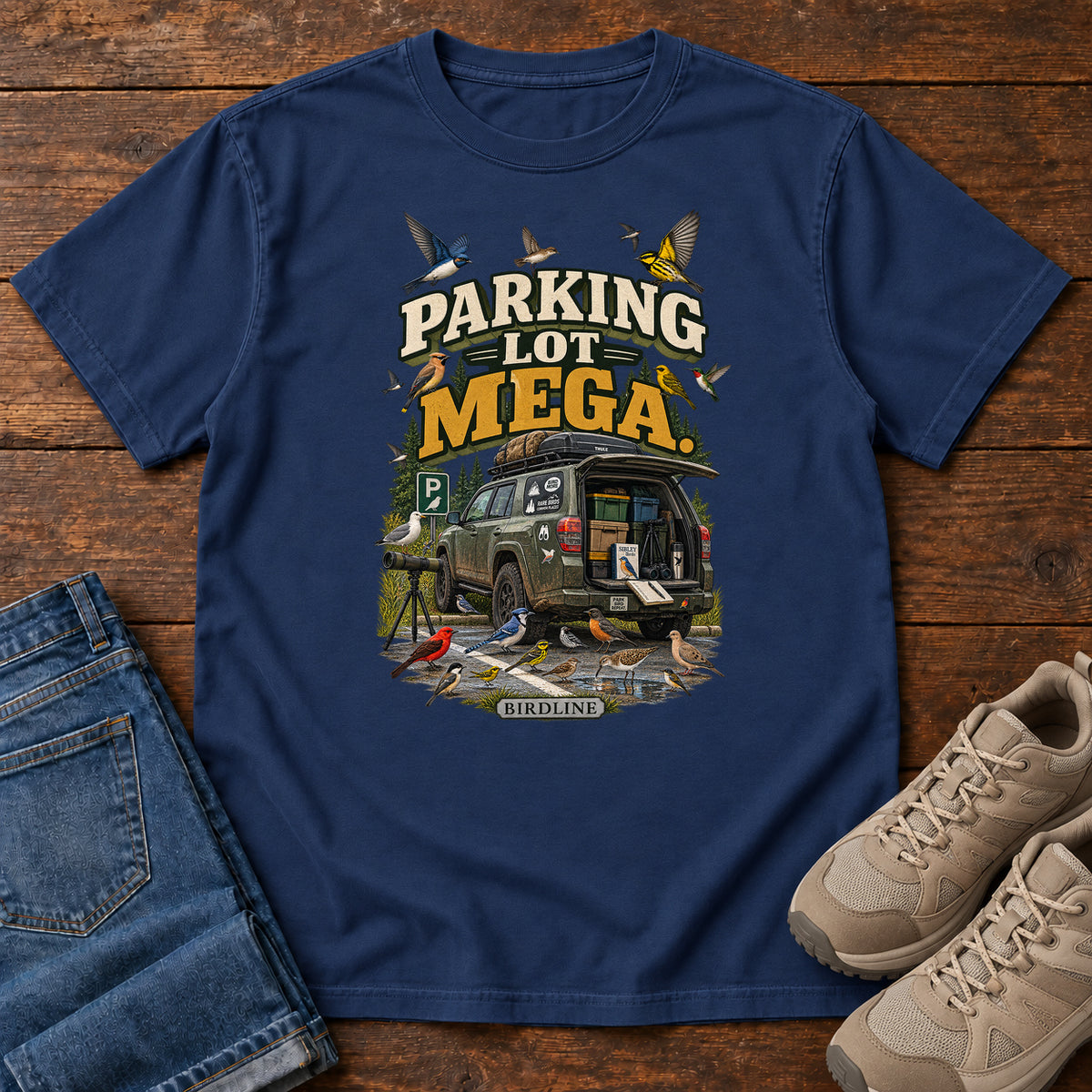 Parking Lot Mega Birding Vehicle T-Shirt in True Navy
