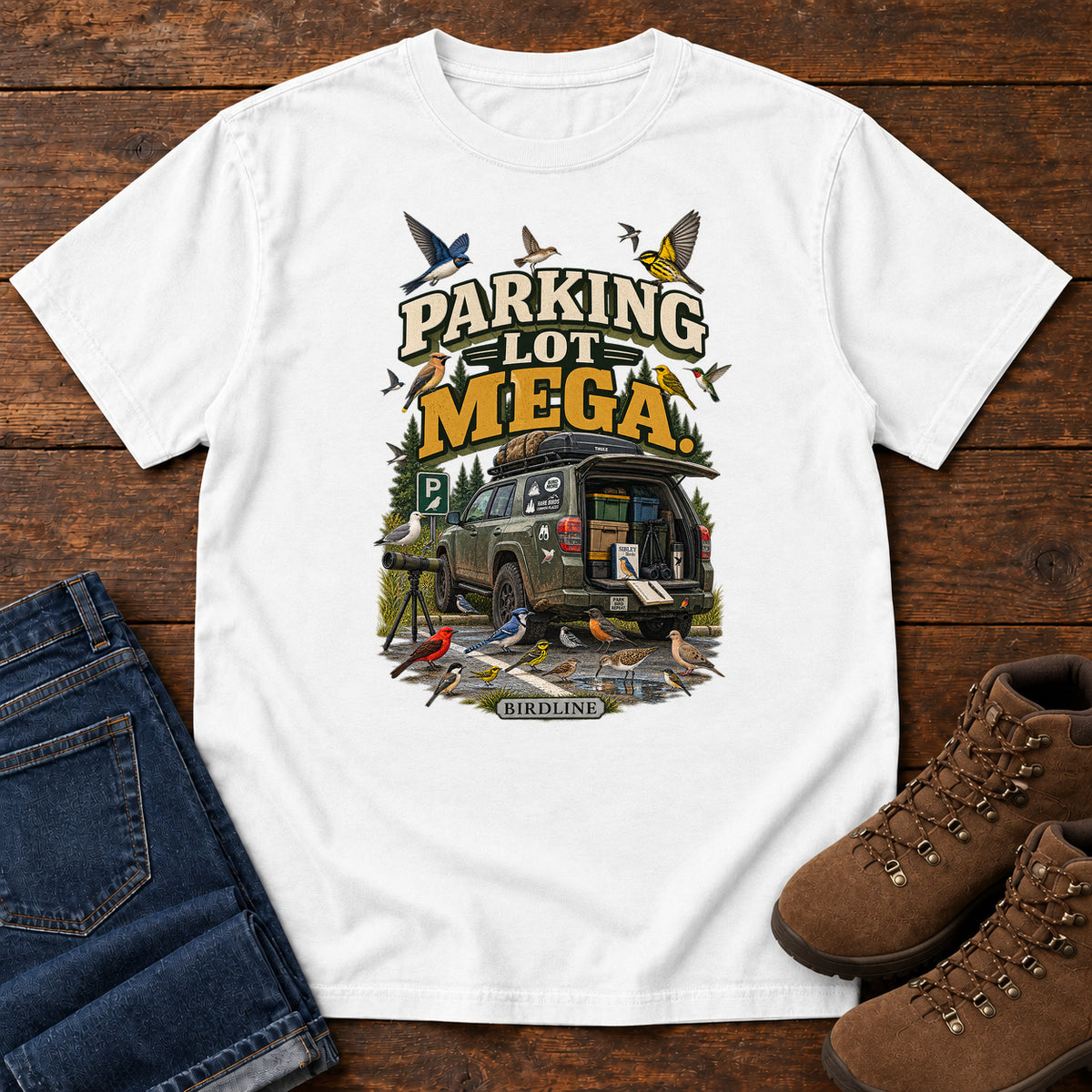 Parking Lot Mega Birding Vehicle T-Shirt in White