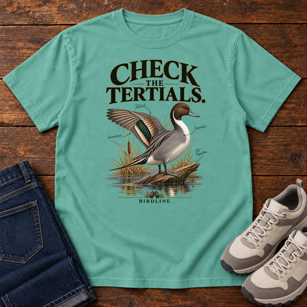 Seafoam Check the Tertials Duck T-Shirt with a duck raising one wing beside reeds and water; front flat lay on wood.