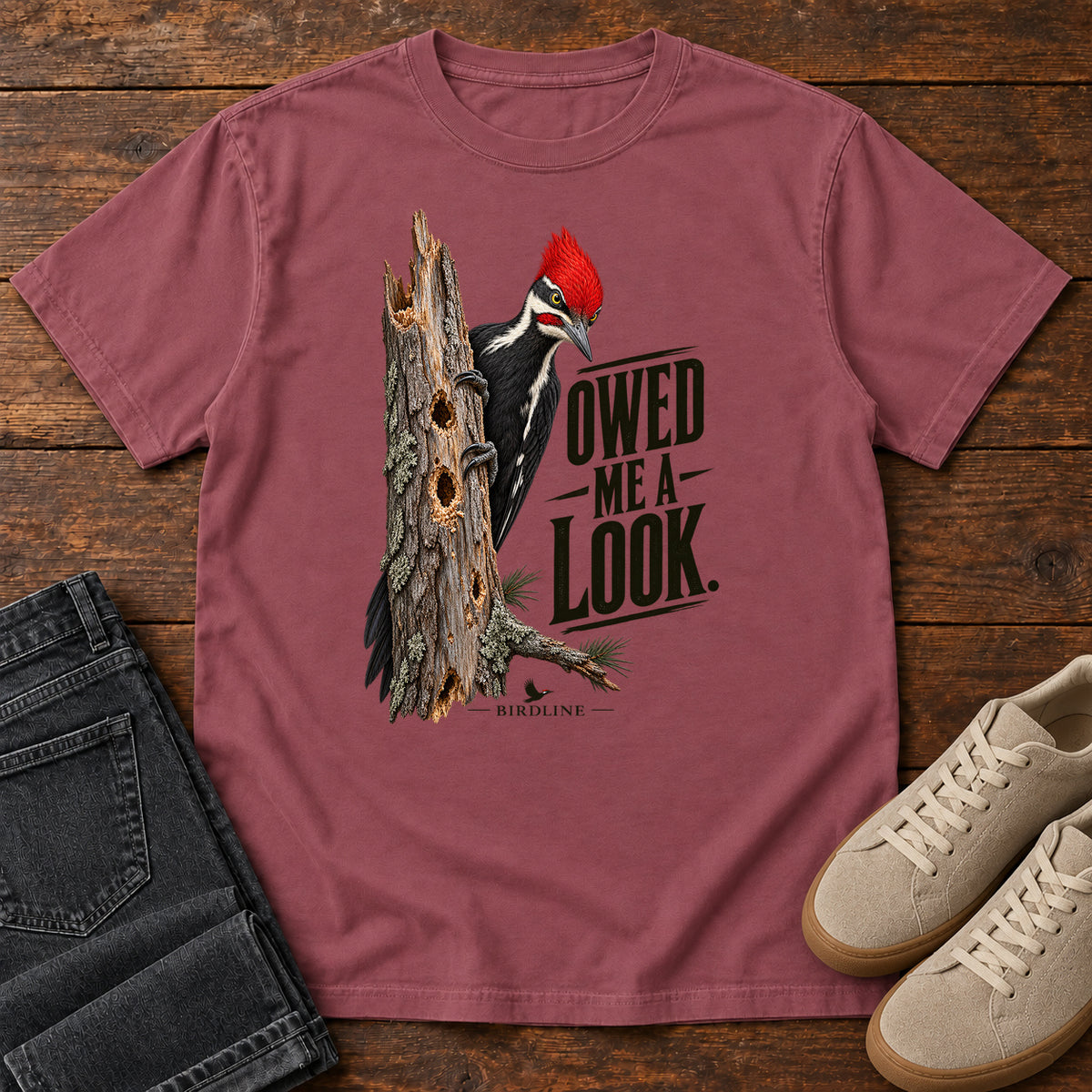 Owed Me a Look Pileated Woodpecker T-Shirt in Brick