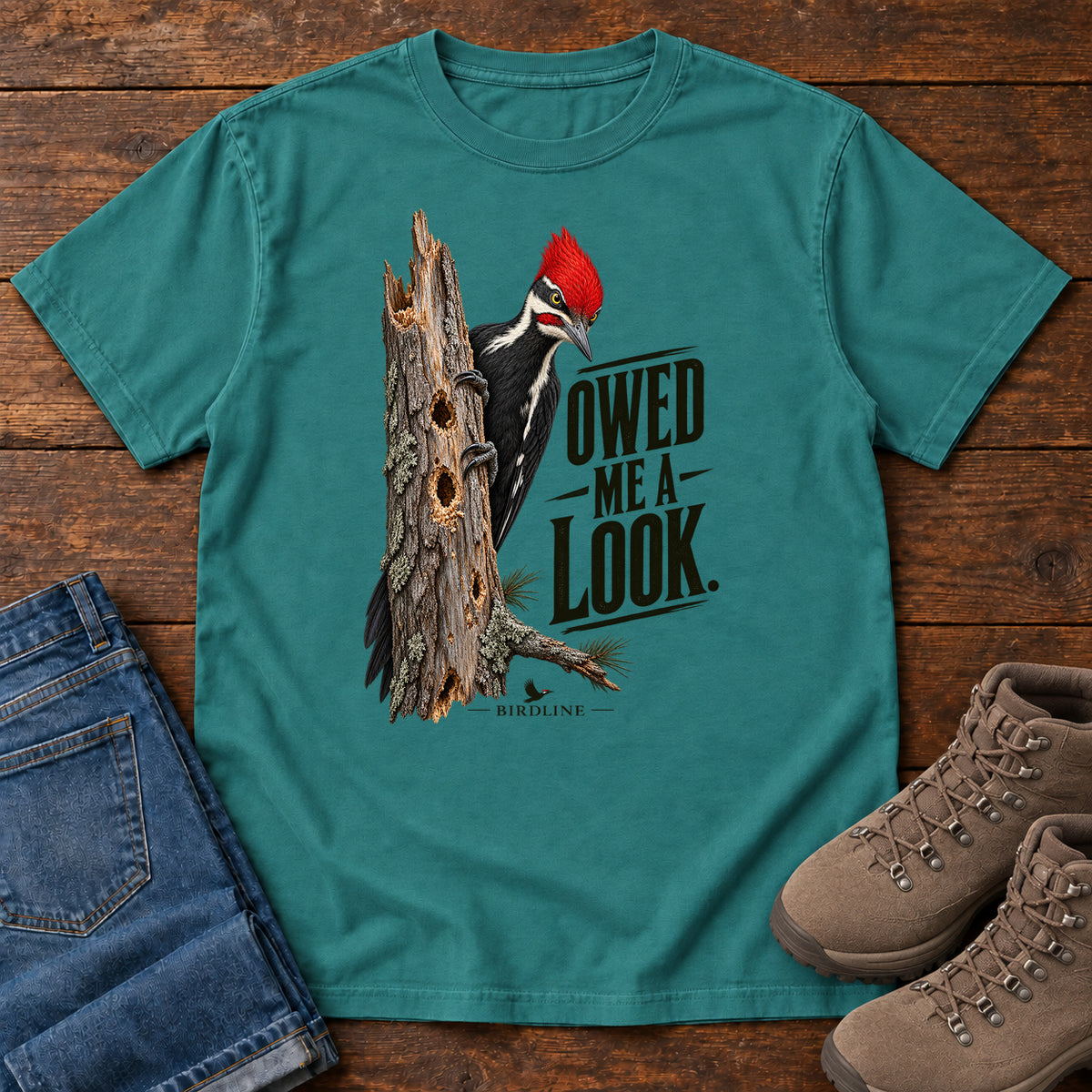 Owed Me a Look Pileated Woodpecker T-Shirt in Emerald