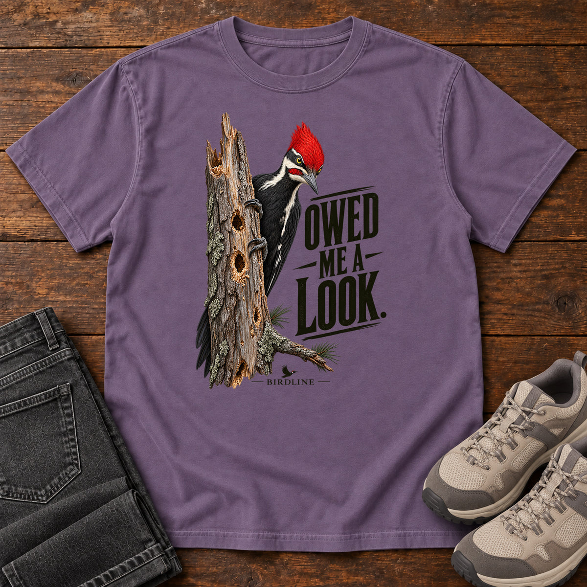 Owed Me a Look Pileated Woodpecker T-Shirt in Grape