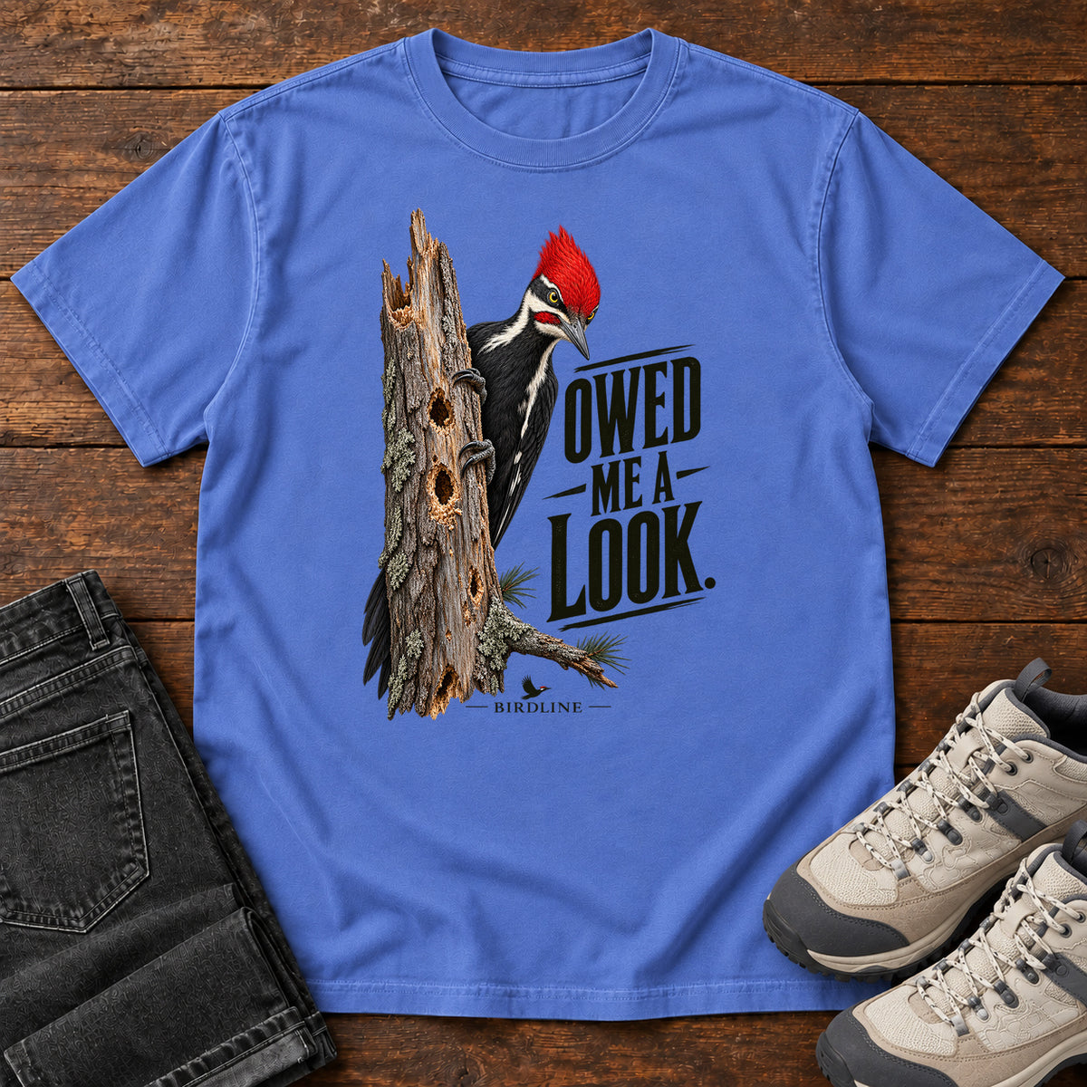 Owed Me a Look Pileated Woodpecker T-Shirt in Mystic Blue