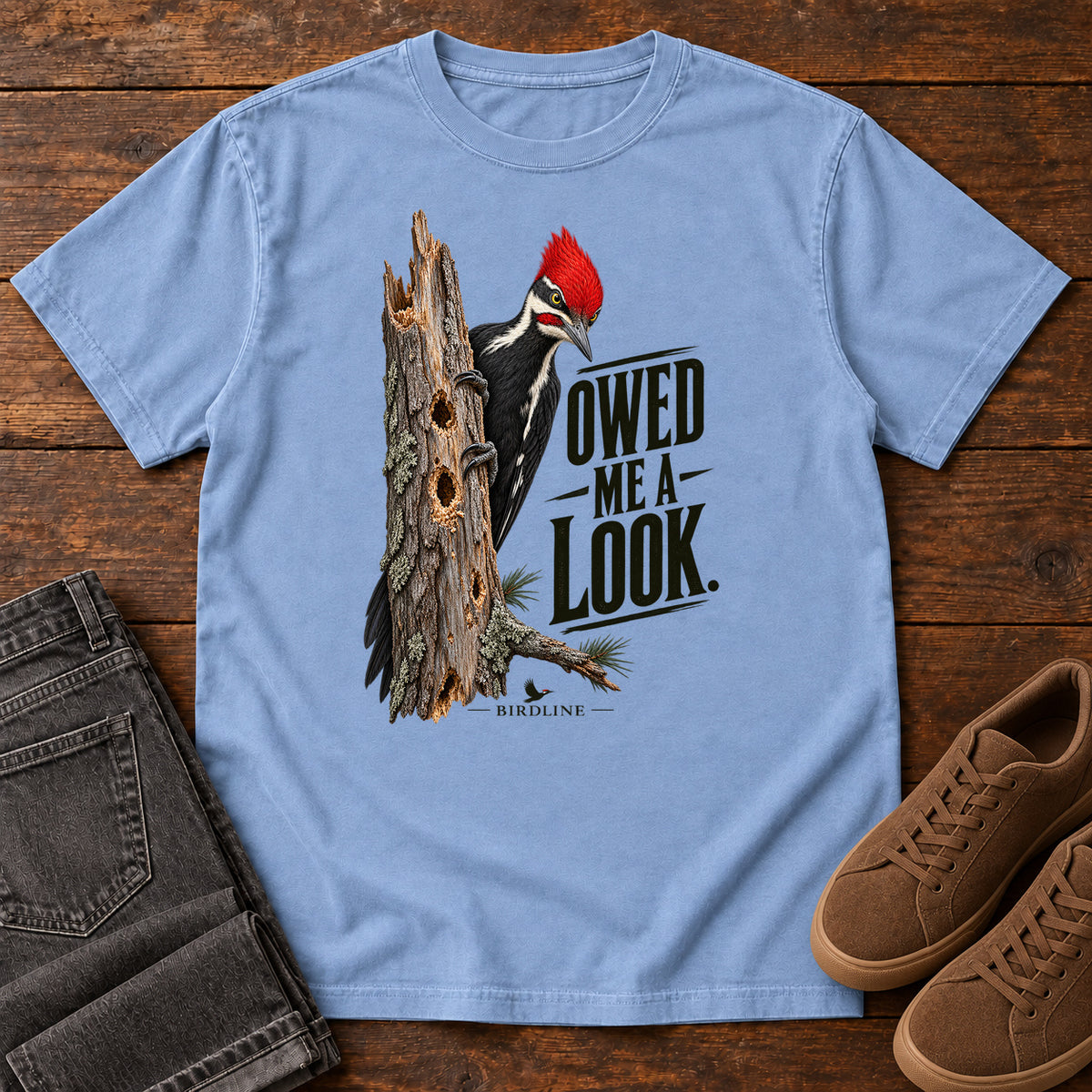 Owed Me a Look Pileated Woodpecker T-Shirt in Washed Denim